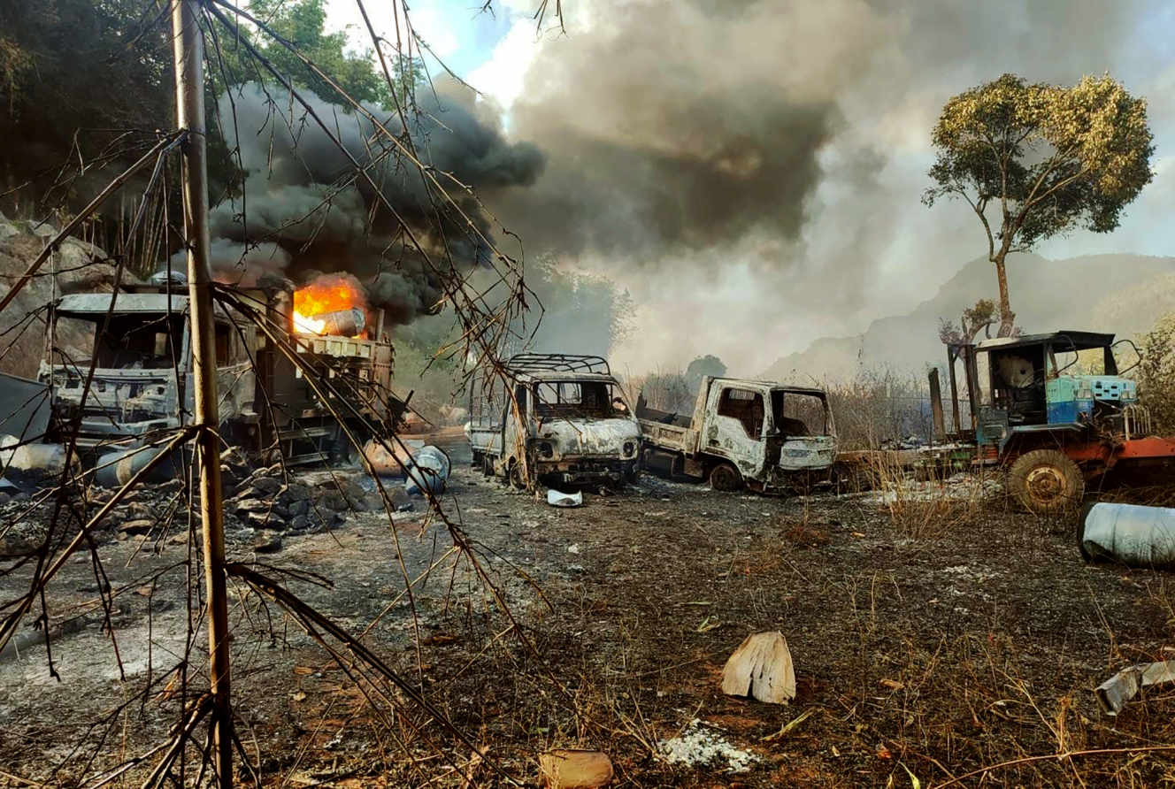 Vehicles on fire, Myanmar