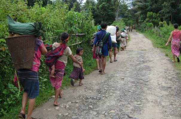 Karen children going to work, Myanmar