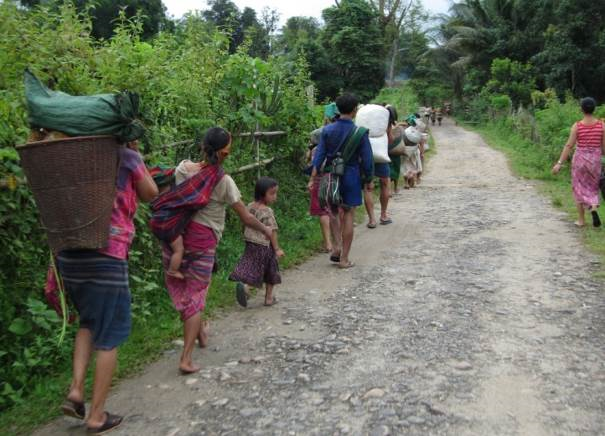 Karen children going to work, Myanmar