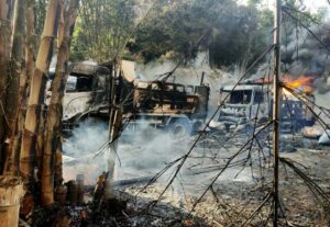 Burned vehicles in Hpruso Township, Myanmar, 24 December 2021 (photo provided by the Karenni Nationalities Defence Force).